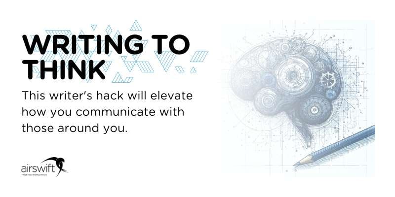 Brain sketch with cogs, pencil, and text Writing to Think